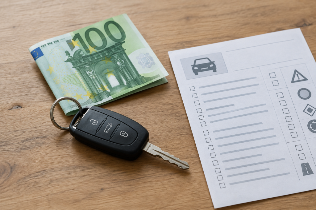 ключі від авто, 100 євро та екзаменаційний лист на столі