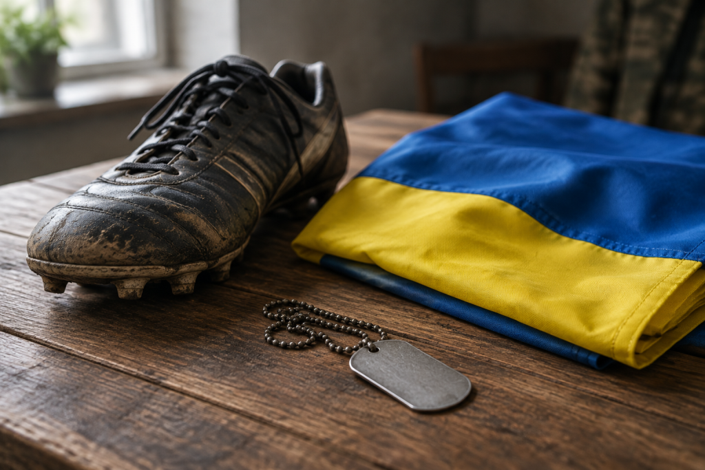 зношений футбольний бутс, складений прапор України і військовий жетон на дерев'яному столі