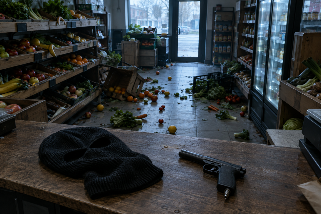 Ілюстрація: інтер’єр магазину з розкиданими овочами, балаклавою й пневматичним пістолетом на прилавку