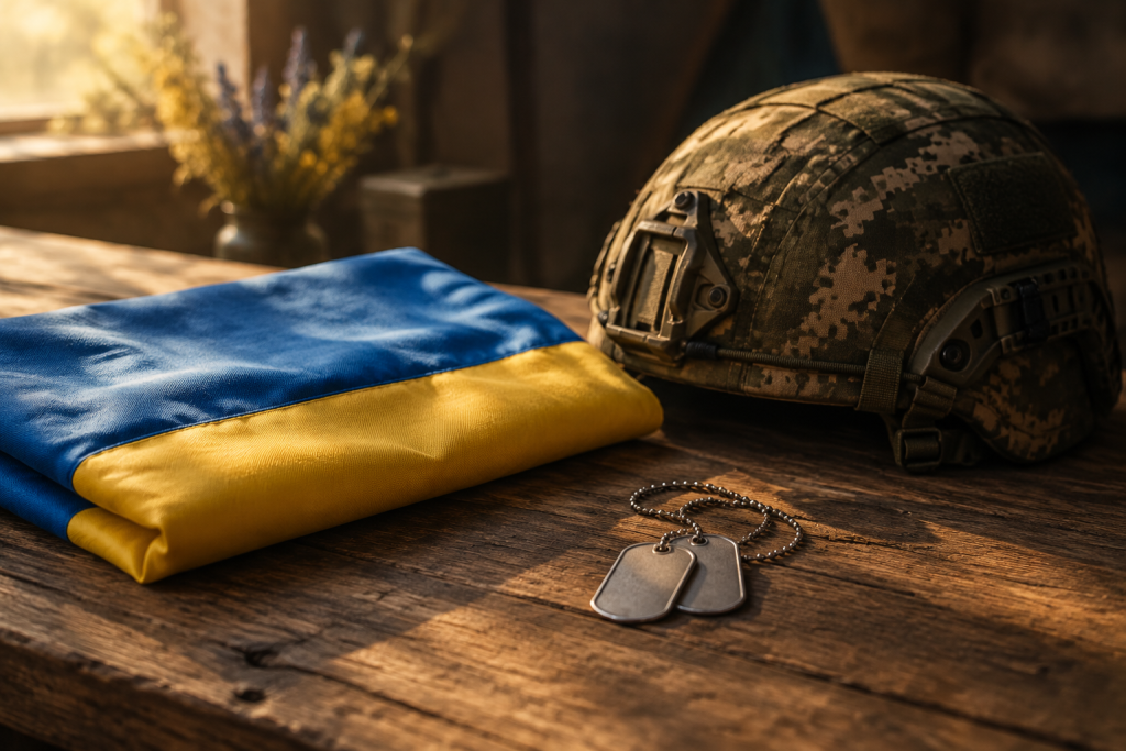 Складений прапор України, шолом і кулон з іменем на деревʼяному столі