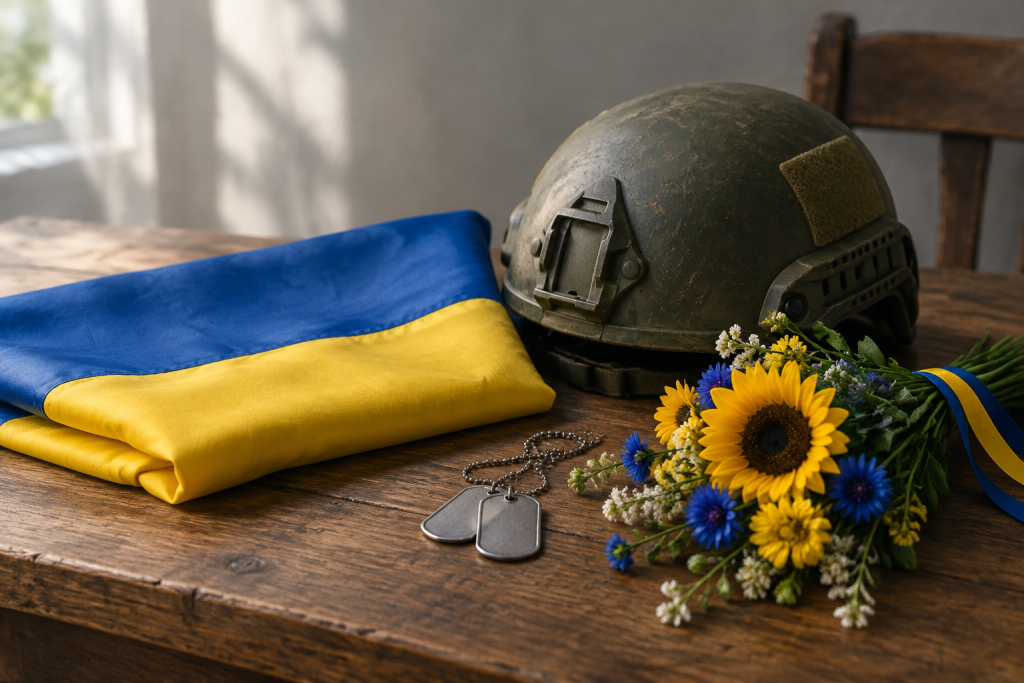 символічна натюрмортна сцена з прапором України, шоломом, жетоном і невеликою квітковою композицією на дерев'яному столі