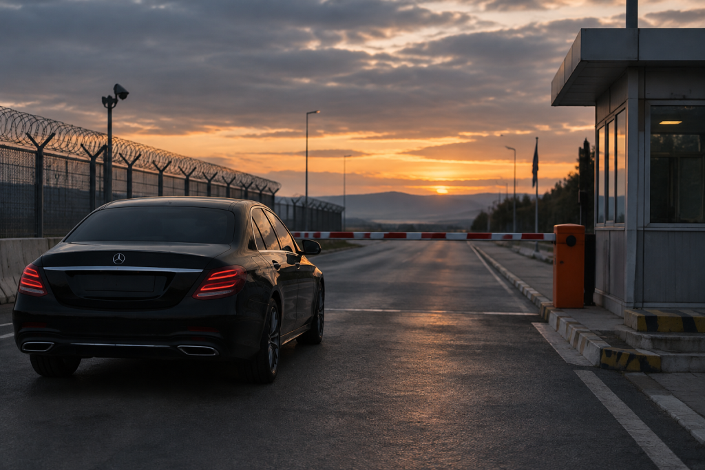 символічна сцена: припаркований автомобіль Mercedes біля контрольно-пропускного пункту без людей
