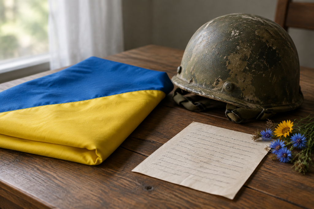 згорнутий український прапор на дерев'яному столі поруч із каскою та листом