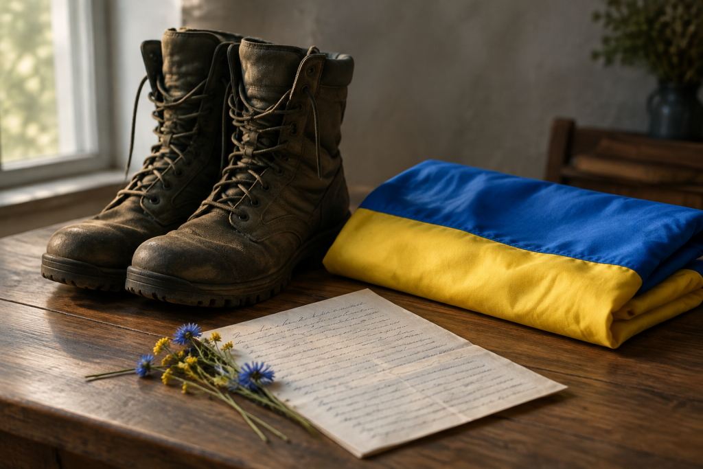 символічна предметна сцена зі складеним прапором України, військовими черевиками і листом