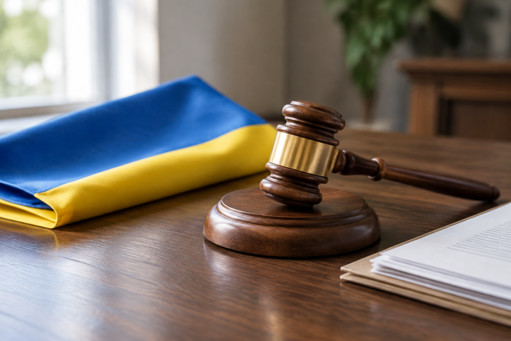 Судовий молоток на столі поруч зі складеним прапором України та судовими паперами