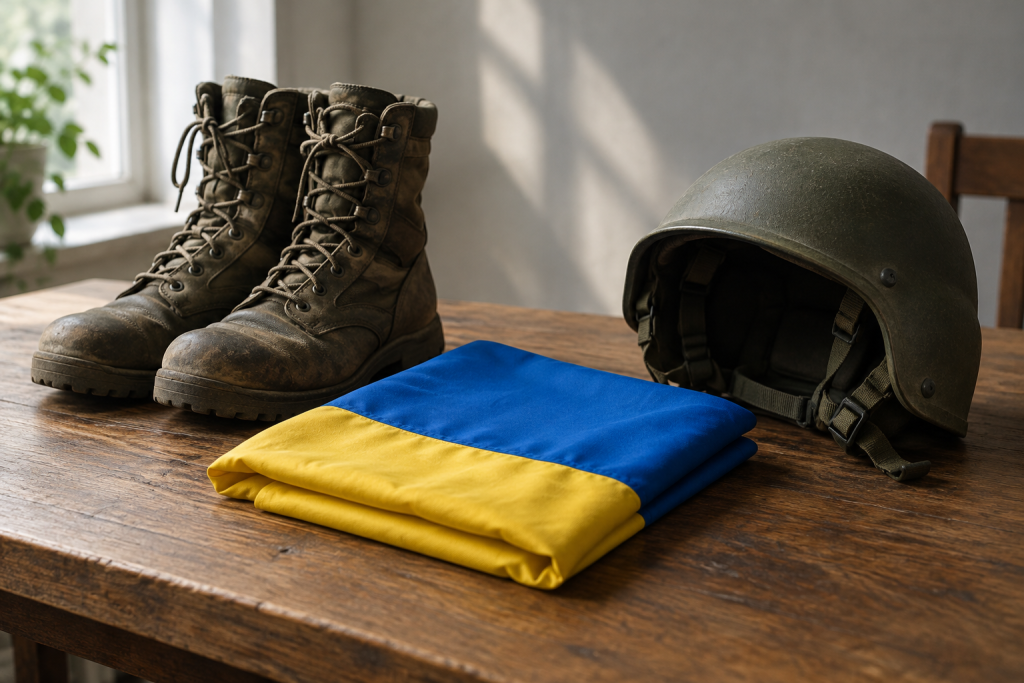 символічна сцена: військові черевики, складений прапор України і порожній шолом на дерев'яному столі