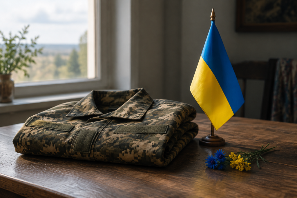 складена військова куртка і маленький прапор України на дерев'яному столі