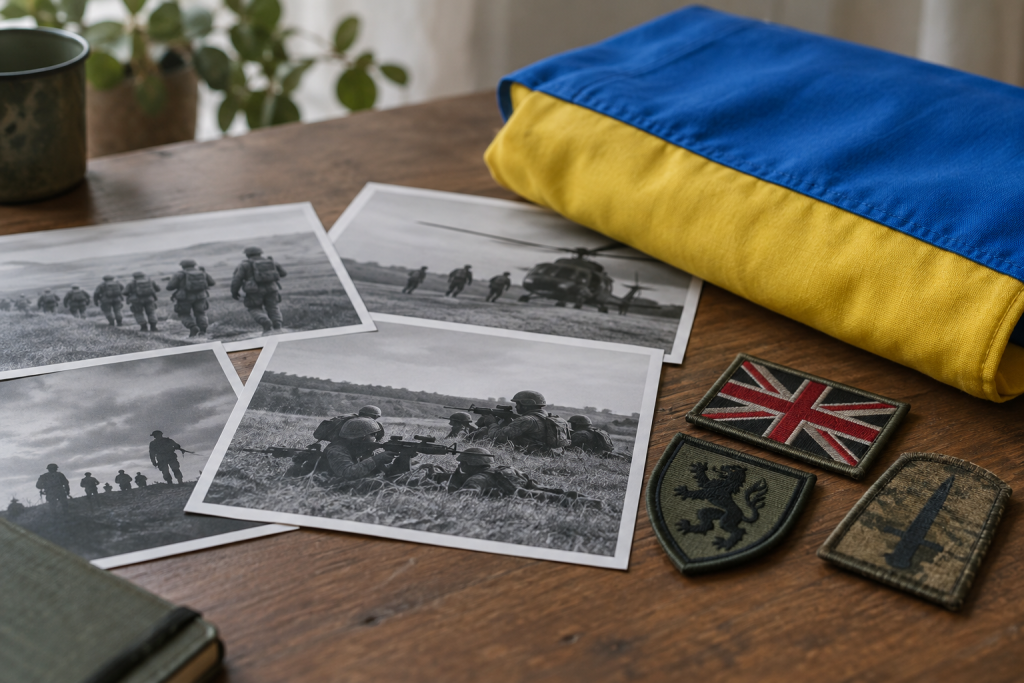 стилізована натюрмортна сцена з фотографіями навчань, складеним українським прапором і британськими нашивками