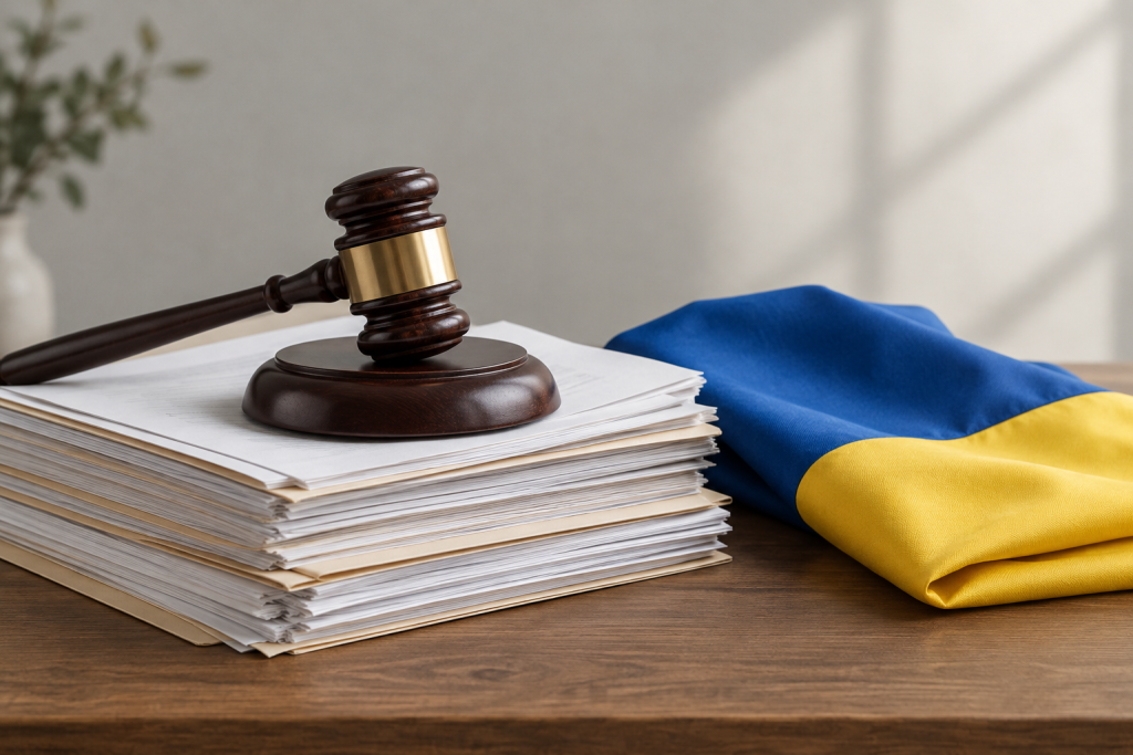 молоток судді на паперах поруч зі складеним українським прапором