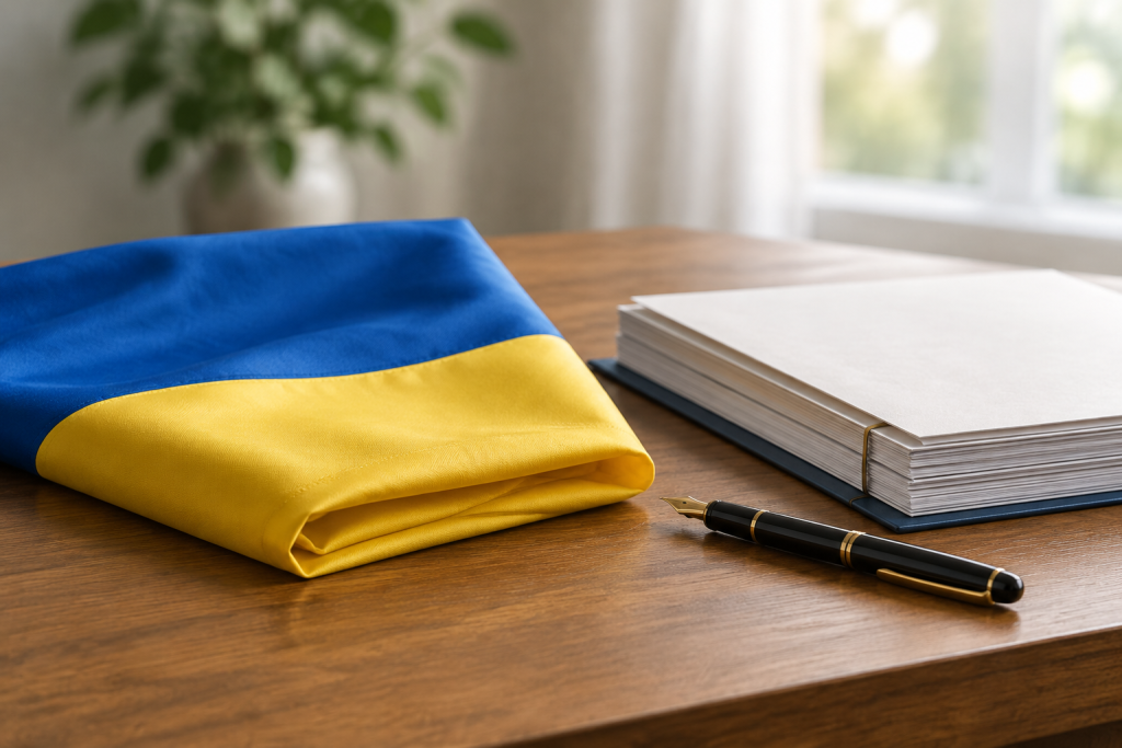 складений український прапор на дерев'яному столі поруч із документами і ручкою