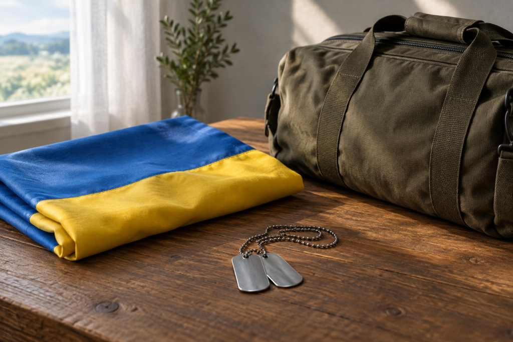 символічна композиція з жетонів, складеного прапора і сумки на дерев'яному столі