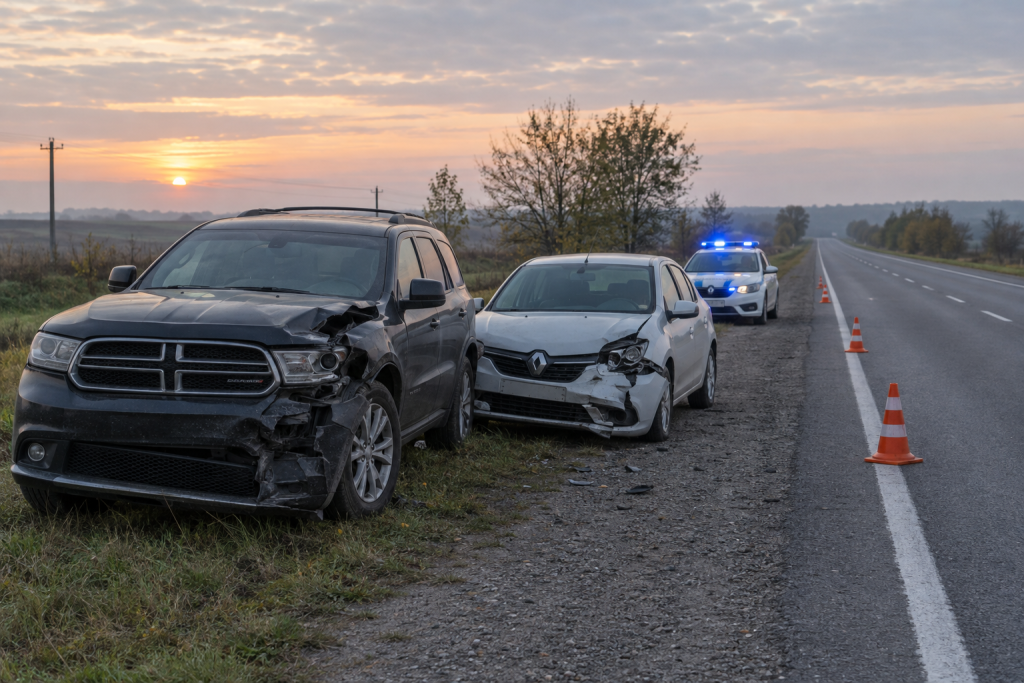 Два пошкоджені автомобілі біля узбіччя та патрульний автомобіль із проблисковими маячками поблизу дороги