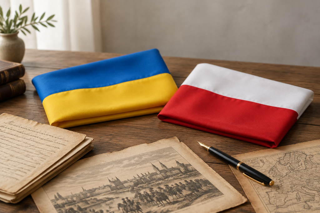 Символічна сцена з українським і польським прапорами на столі поруч з історичними документами