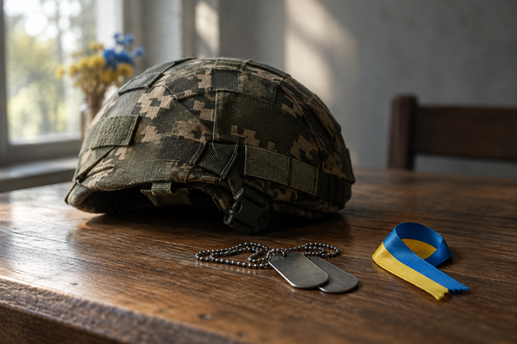 згорнутий шолом і жетон на деревʼяному столі з стрічкою прапора України, сувора атмосфера