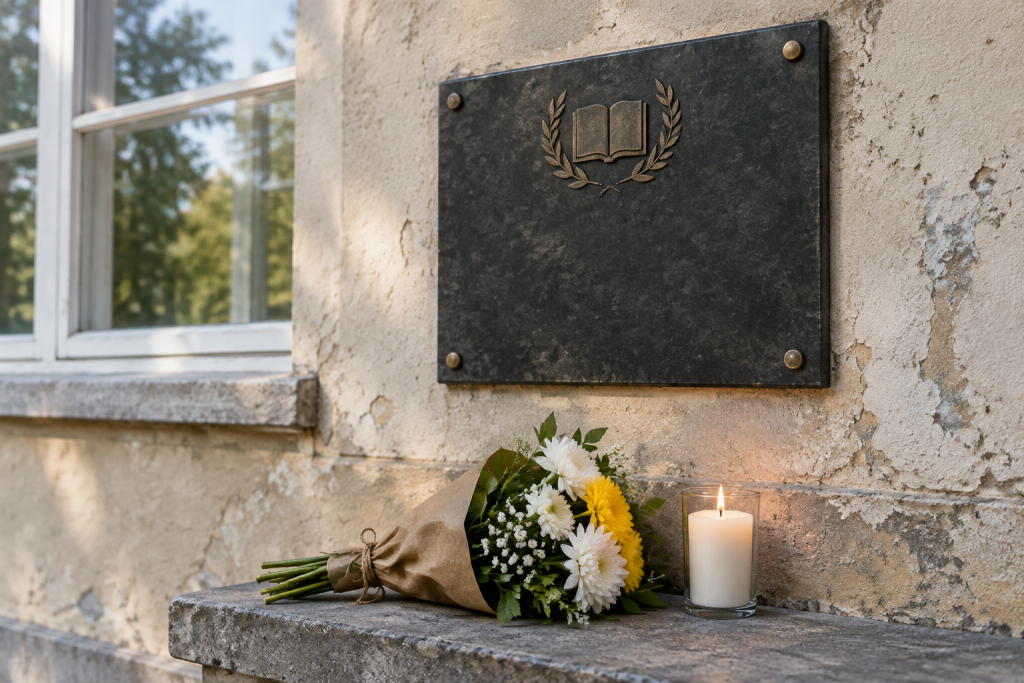 Пам'ятна дошка на стіні школи з букетом квітів і свічкою