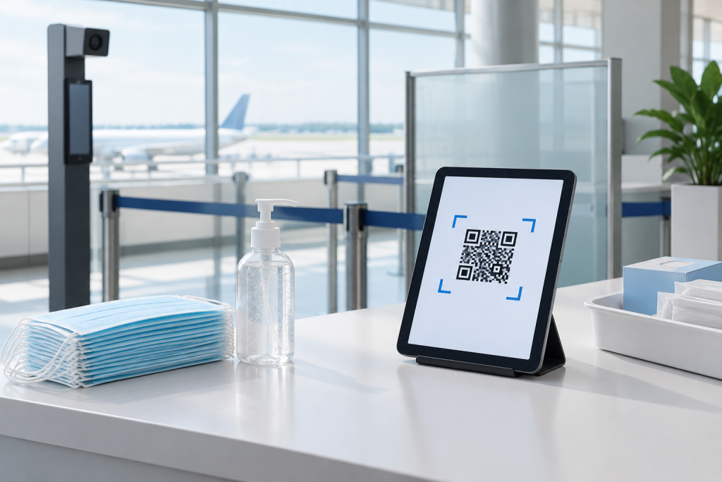 символічна сцена контролю: пункт скринінгу з планшетом і QR-кодом, маски та санітайзер на столі