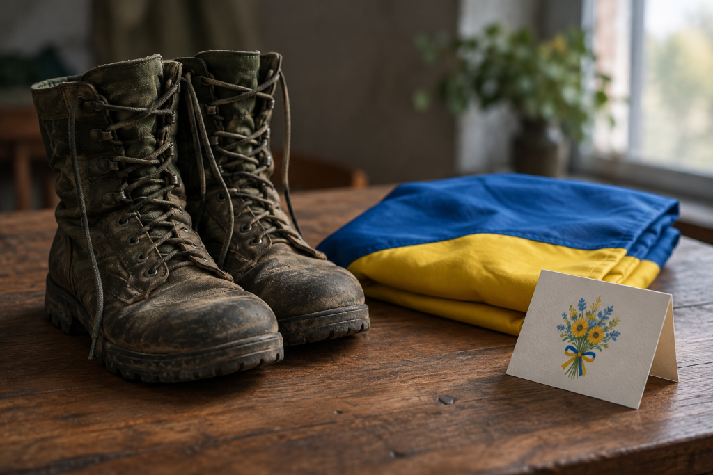 військові черевики поруч із складеним українським прапором і невеликою листівкою з днем народження на дерев'яному столі