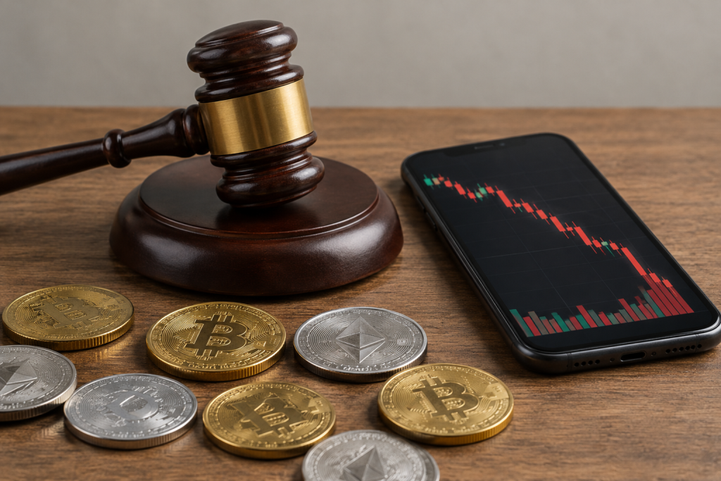 Гавел, смартфон із графіком падіння криптовалюти та розсипані монети на столі