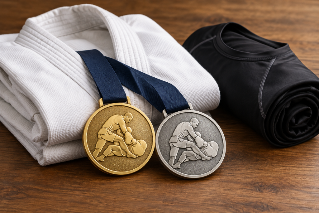 золота й срібна медалі на кімоно та форма No-Gi на дерев’яному фоні