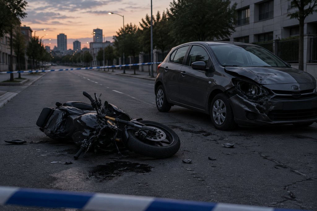 символічна сцена: пошкоджений мотоцикл і легковик на пустій вулиці ввечері, поліцейська стрічка, без обличчя