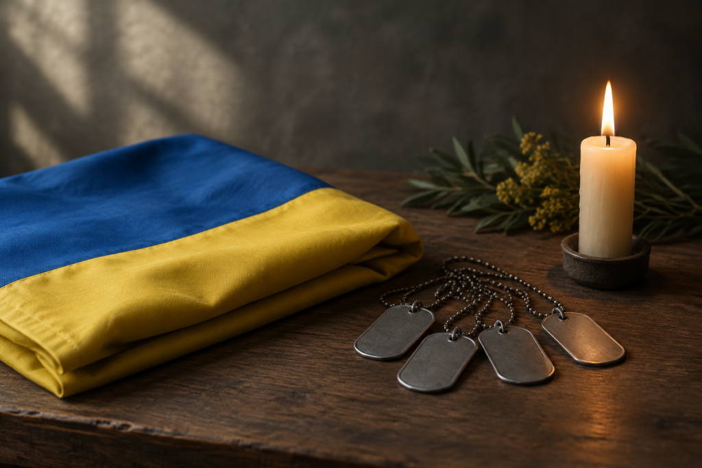 складений прапор України на дерев’яному столі поруч із чотирма жетонами і запаленою свічкою