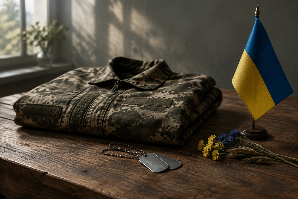 складений військовий мундир, жетони та маленький український прапор на дерев'яному столі