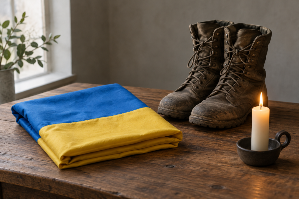 згорнутий український прапор на деревʼяному столі, військові черевики та запалена свічка