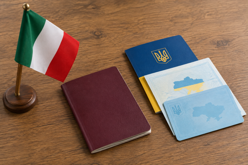 Паспорт, невеликий італійський прапорець та міграційні документи на дерев'яному столі
