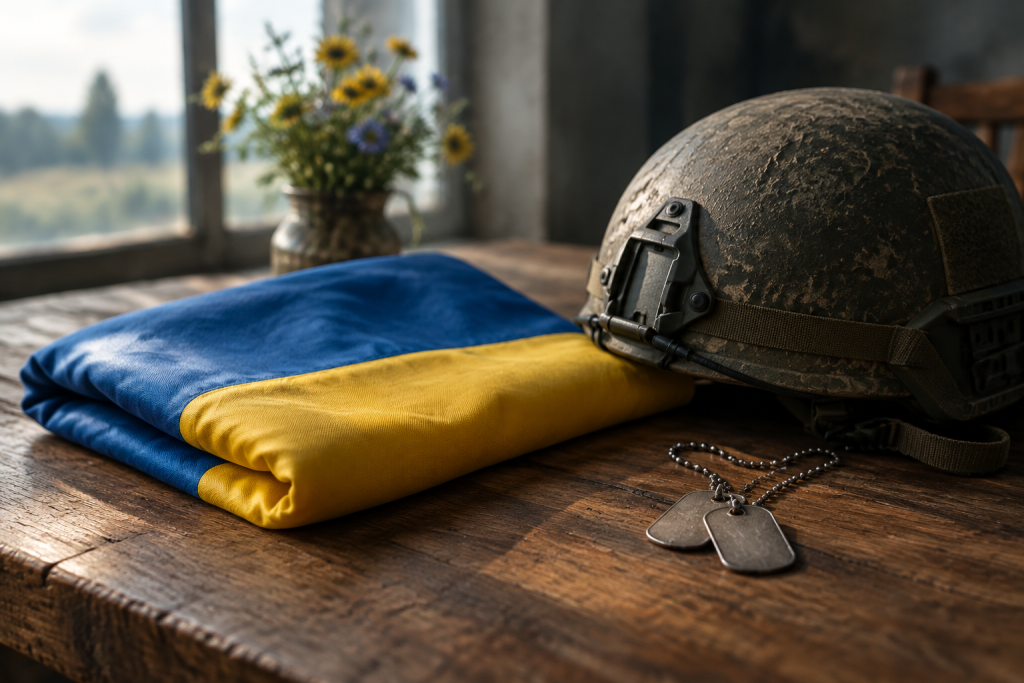 Згорнутий прапор України, каска й військові жетони на деревʼяному столі