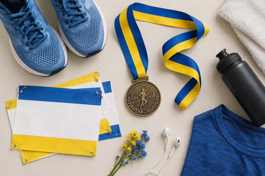 символічна сцена з номерками, медаллю і синьо-жовтою стрічкою, без облич і логотипів