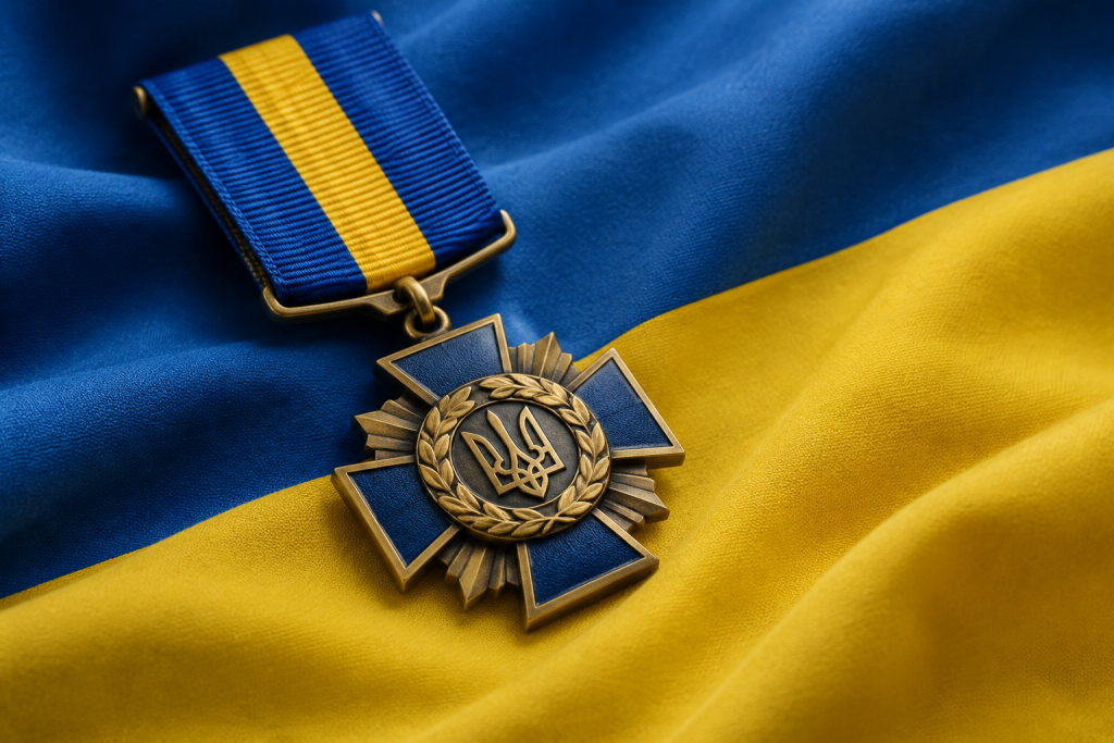 медаль на складеному синьо-жовтому прапорі, символічна сцена без облич