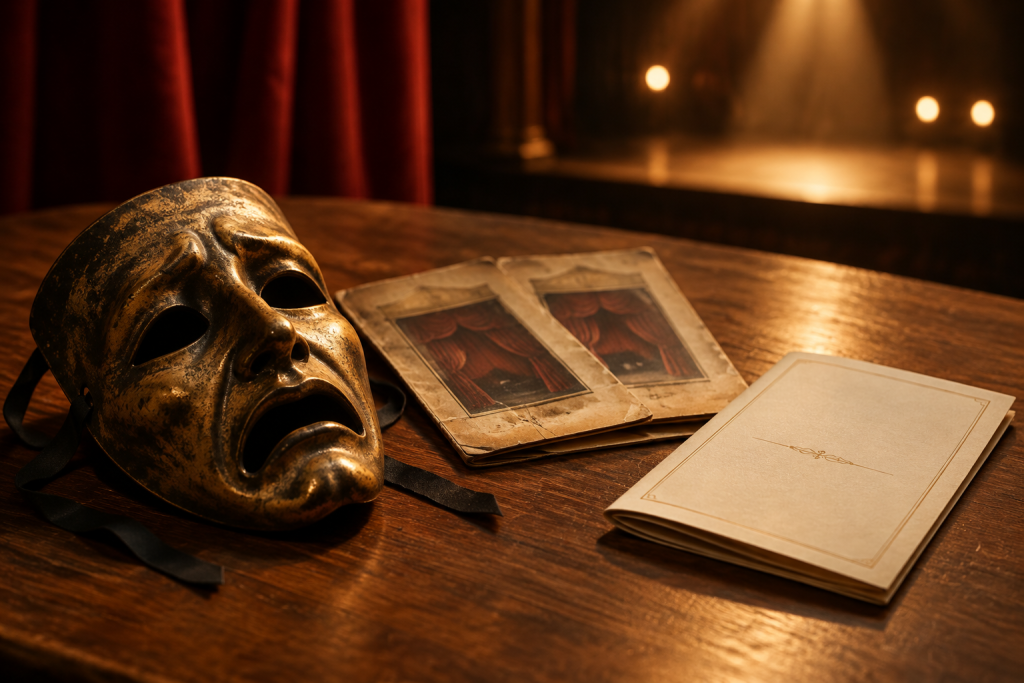 театральна маска з програмкою на дерев'яному столі, тепле світло