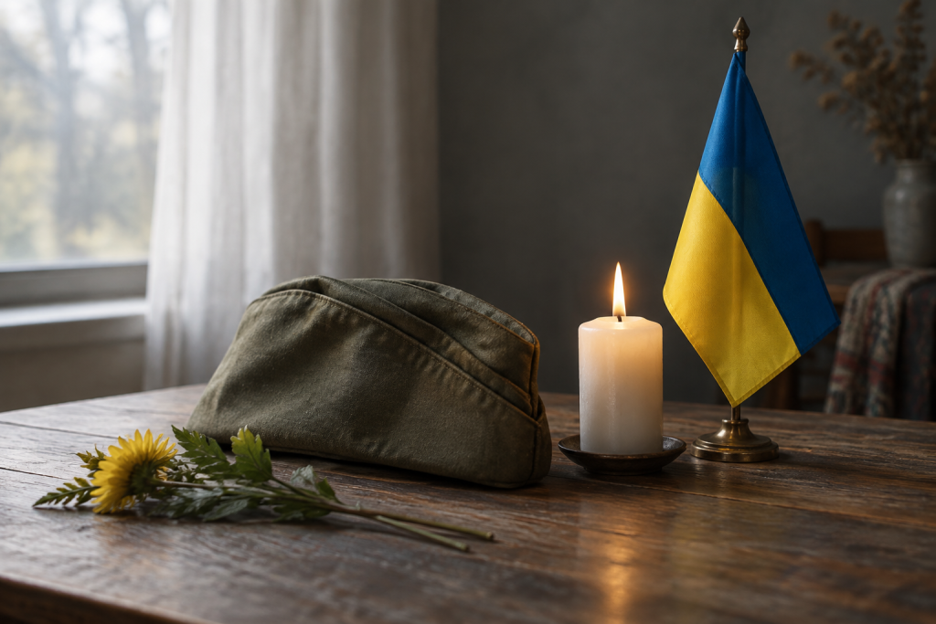 Символічна натюрмортна сцена з пілоткою, свічкою й маленьким прапорцем України