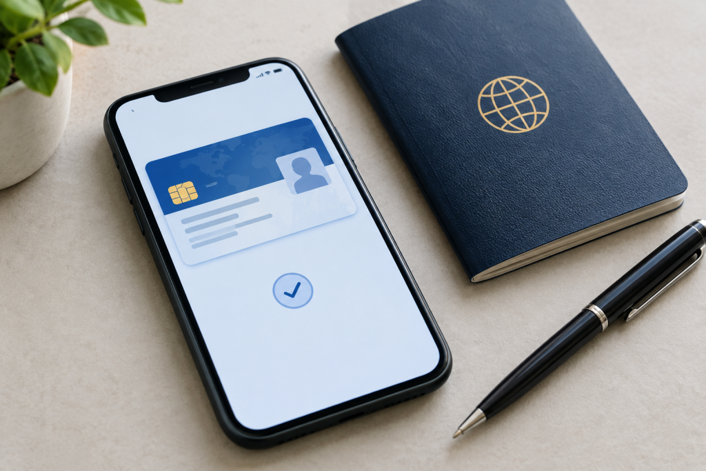 смартфон із зображенням електронної картки поряд із паспортом та ручкою