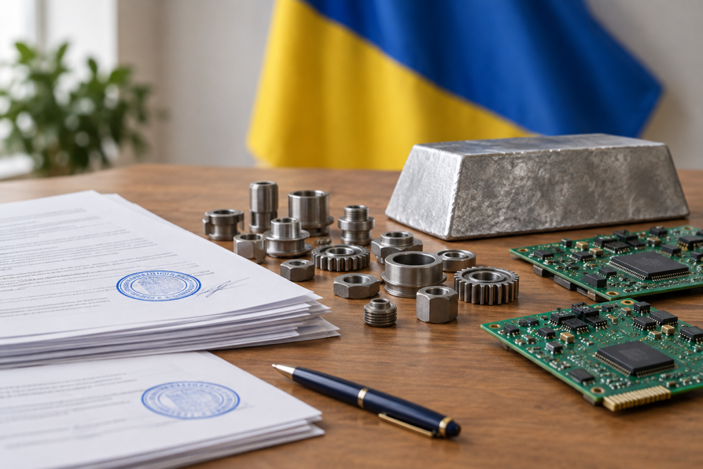 предметна композиція: офіційні документи зі штампом, металеві комплектуючі, електронні плати і брусок алюмінію на столі, прапор України на задньому плані