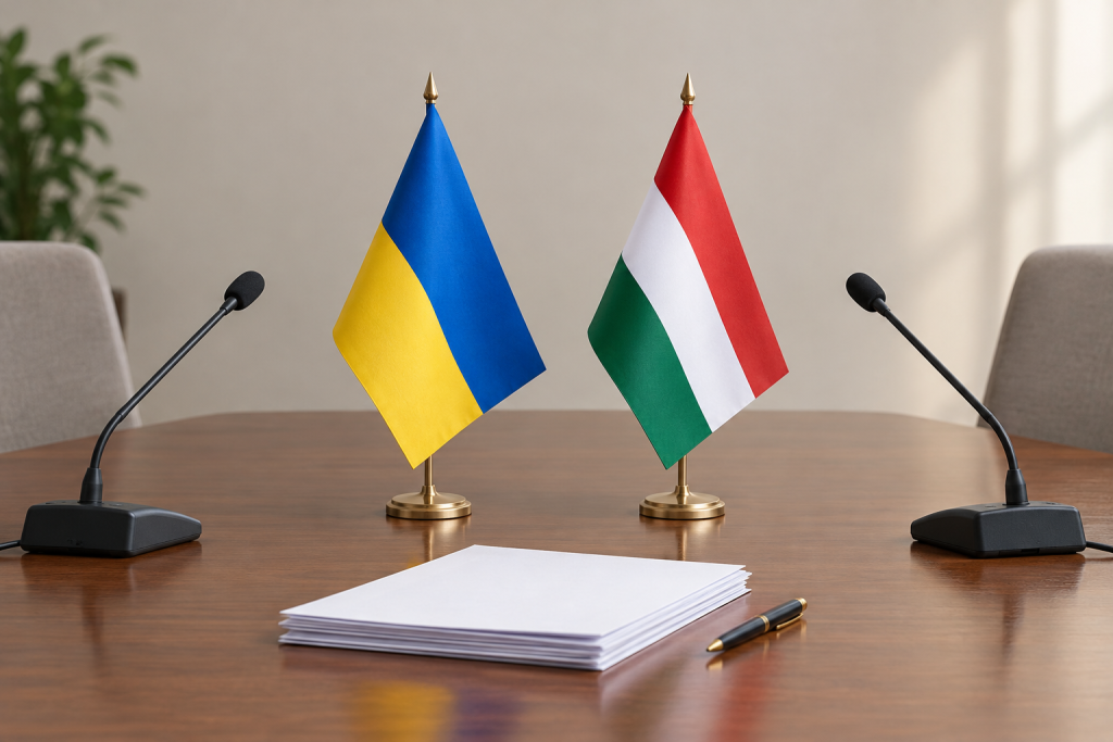конференційний стіл з прапорами України та Угорщини, документами та мікрофонами