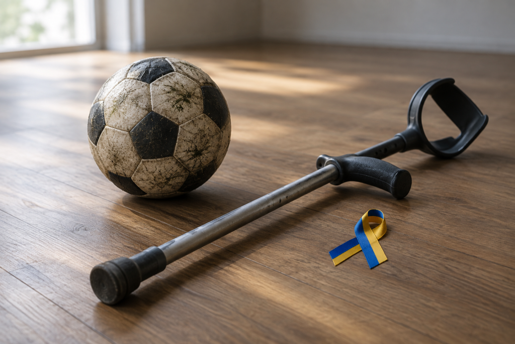 Символічна сцена ампфутболу: м'яч, милиця й синьо-жовта стрічка на дерев'яній підлозі