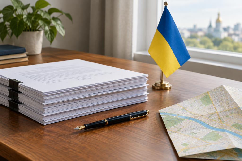 Папери з контрактами та невеликий прапорець України на столі