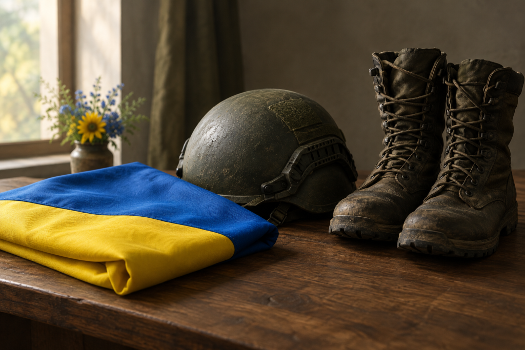 складений український прапор, шолом і берці на дерев'яному столі