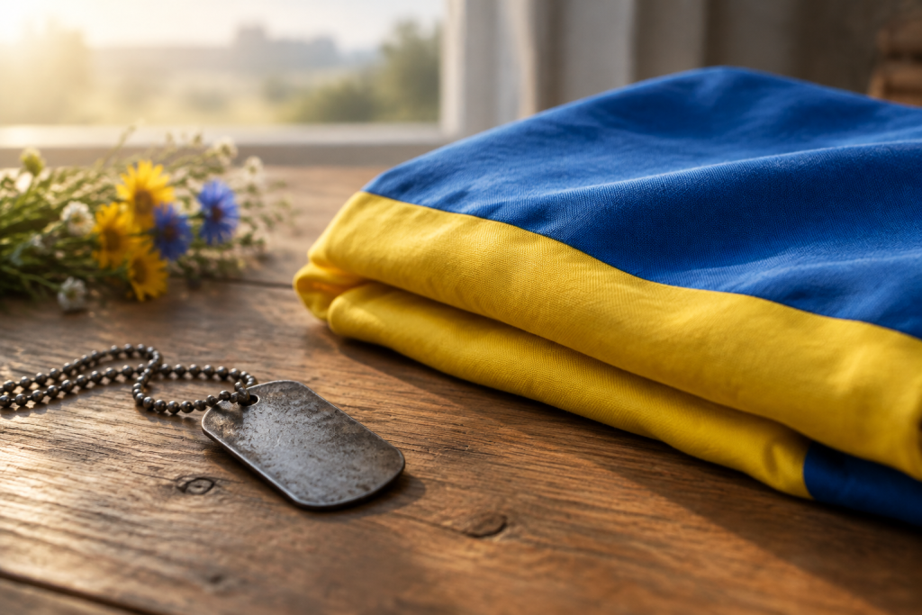 складений прапор України на дерев'яному столі та військовий жетон поруч