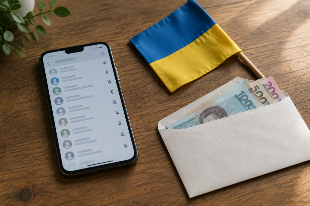 Символічна сцена: смартфон із списком чатів, складений український прапор і конверт із грошима на столі