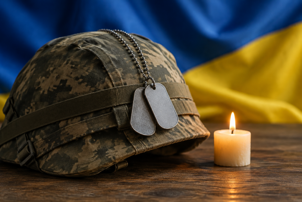Складений військовий шолом, службові жетони та запалена свічка на дерев'яному тлі, тьмяний синьо-жовтий фон