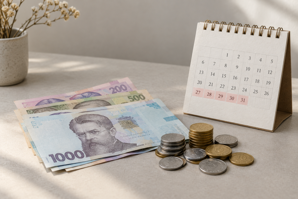 українські банкноти та монети поруч із календарем на столі