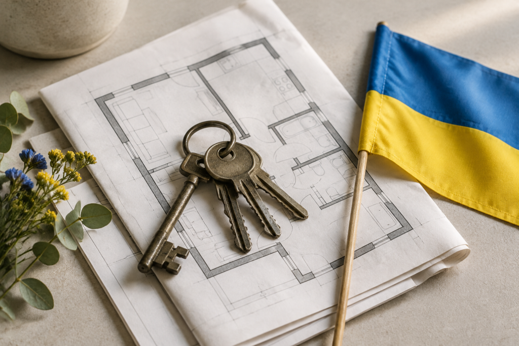 набір ключів на планах квартири з маленьким прапорцем України на столі