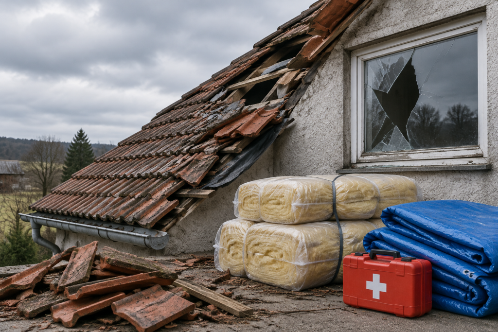 Пошкоджена покрівля і вибите вікно біля сільського будинку, поруч пакунки з матеріалами допомоги