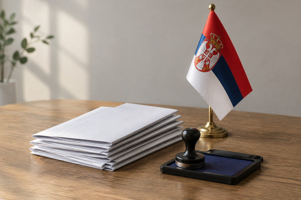 на столі розкладені бюлетені, штамп і невеликий сербський прапорець, м'яке природне освітлення
