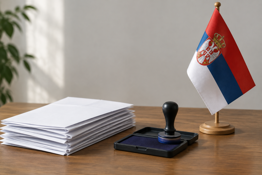 на столі розкладені бюлетені, штамп і невеликий сербський прапорець, м'яке природне освітлення