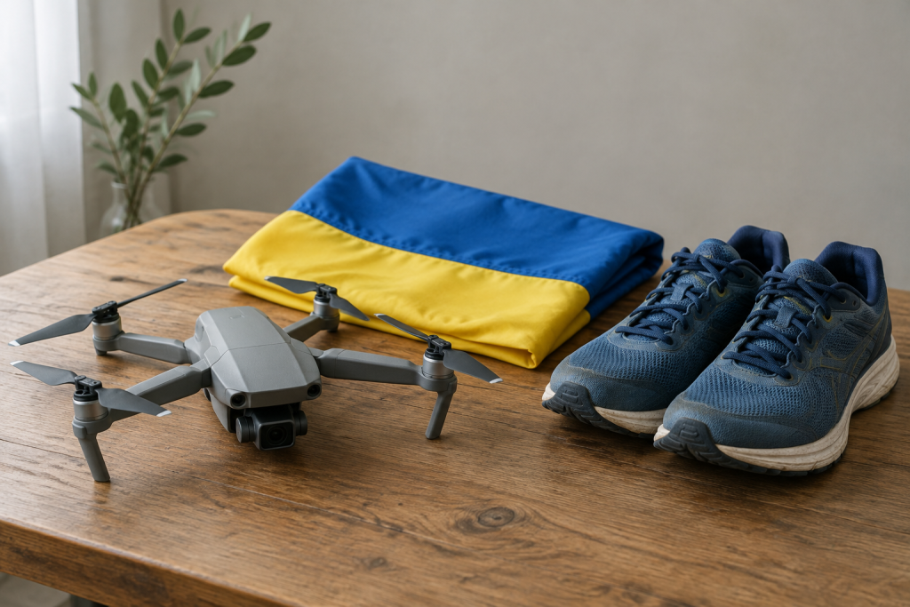 символічна натюрмортна сцена з моделлю дрона, прапором і біговими кросівками