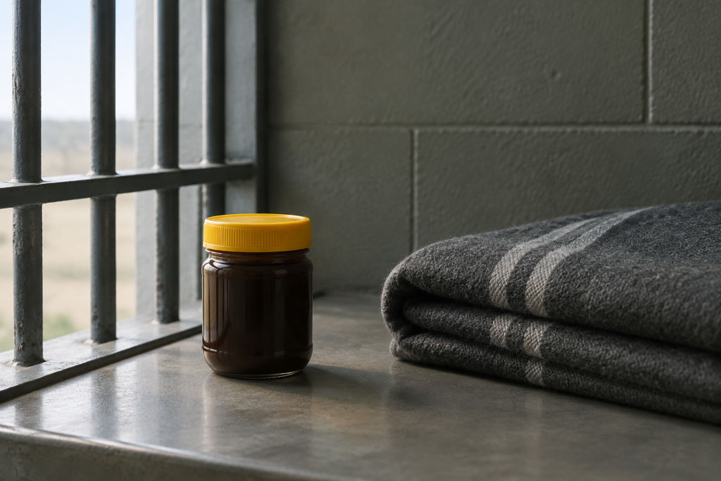 Банка Vegemite поруч із вʼязничними ґратами і складеною ковдрою