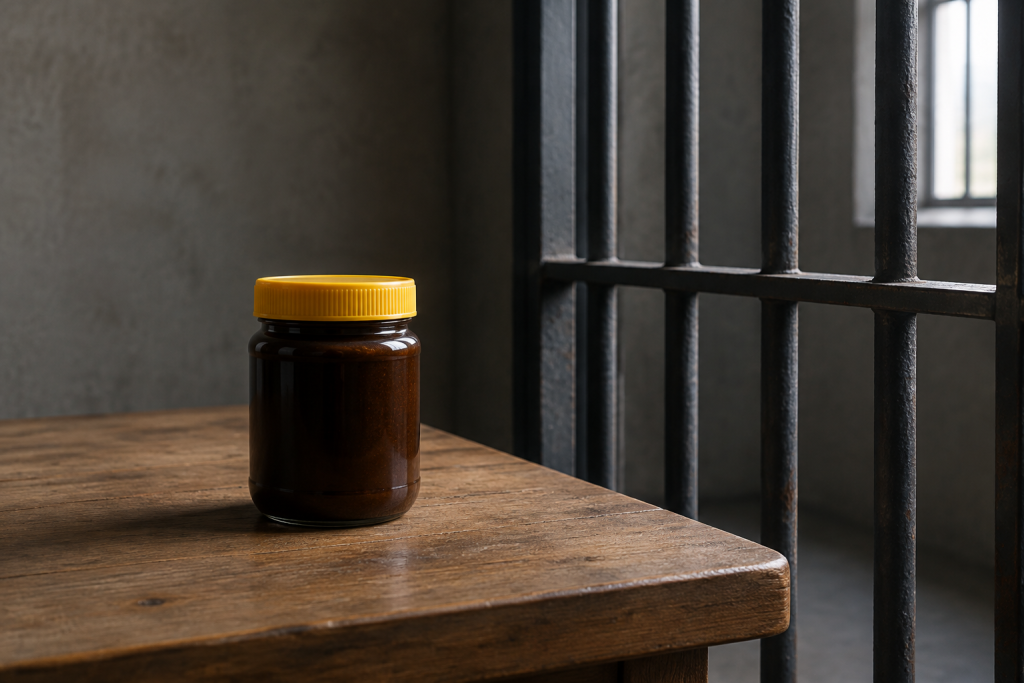 Натюрморт: банка Vegemite біля решітки вʼязниці